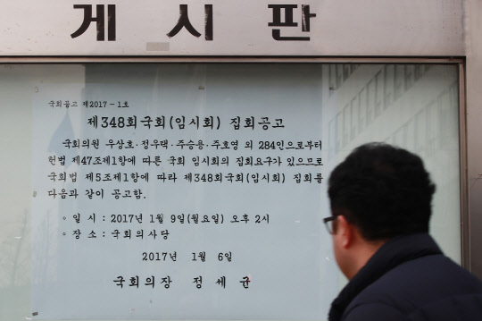 6일 오후 서울 여의도 국회 정문 앞 게시판에 더불어민주당, 새누리당, 국민의당, 개혁보수신당(가칭) 등 4개 원내교섭단체 요구로 9일부터 열리는 새해 첫 국회 임시회 공고가 부착돼 있다.